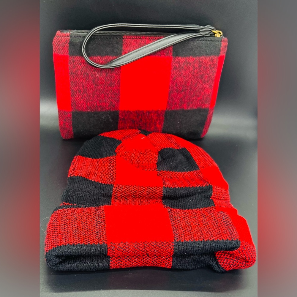 Matching black and red checkerboard skull cap and small clutch.